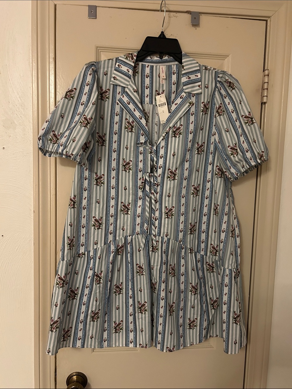 Anthropologie Lyrebird Light Blue Striped Floral Ruffle-Hem Dress